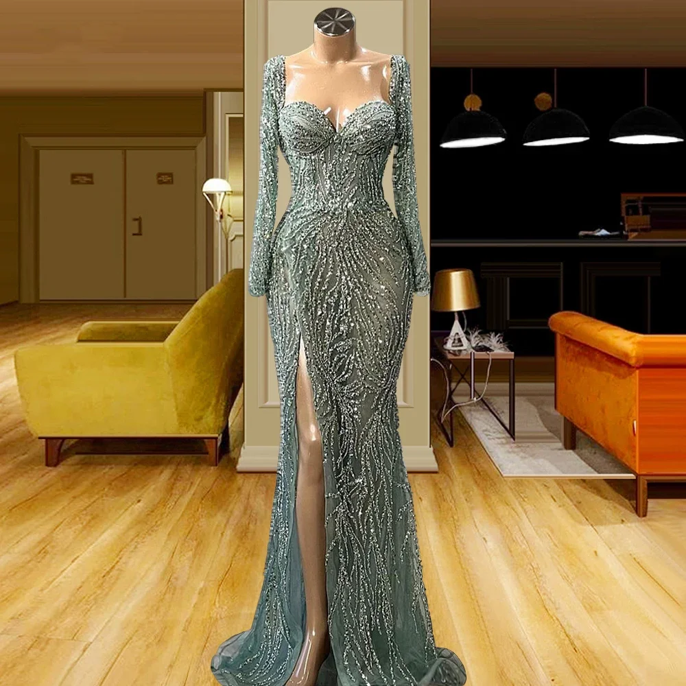 

Sweetheart Green Elegant Green Mermaid Evening Dresses Gowns 2024 Full Beaded Long Sleeves Luxury For Women Wedding Party Wear