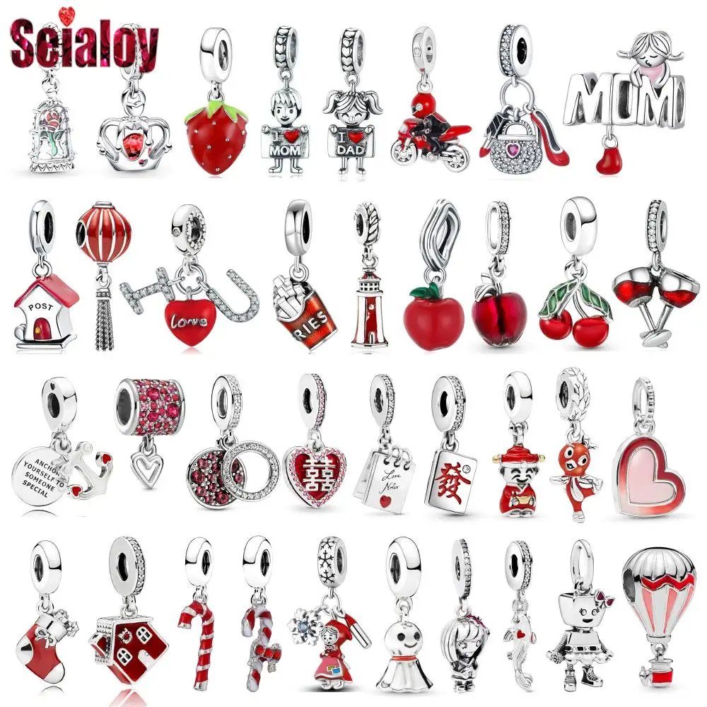 Seialoy 2Pcs/lot Red Fruits Beads Silver Color Boy & Girls Charm Apples Strawberries Pendant DIY Children Bracelets Accessory