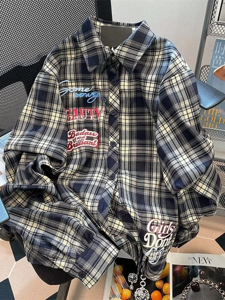 American Hip Hop Plaid Long Sleeve Shirt Loose Fit Unisex Korean Style Premium Feeling Cool Shirt Jacket for Youth