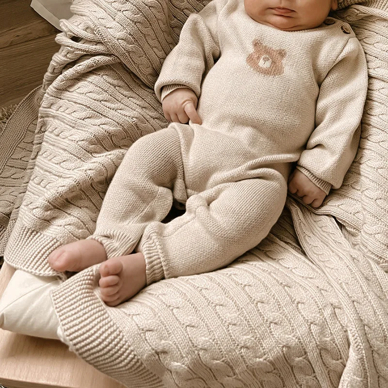 2025 الخريف جديد طفل طويل الأكمام محبوك رومبير قبعة القطن الرضع صبي فتاة الدب سترة بذلة الوليد طفل الملابس 0-24 متر
