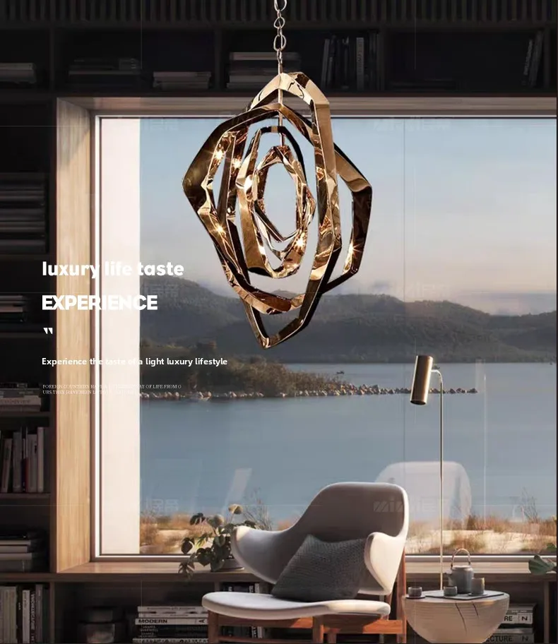 Modern Abstract Twisted Metal Chandelier Rose Gold Polished Pendant Light Irregular Sculptural Hanging Lamp for Living Room Dini