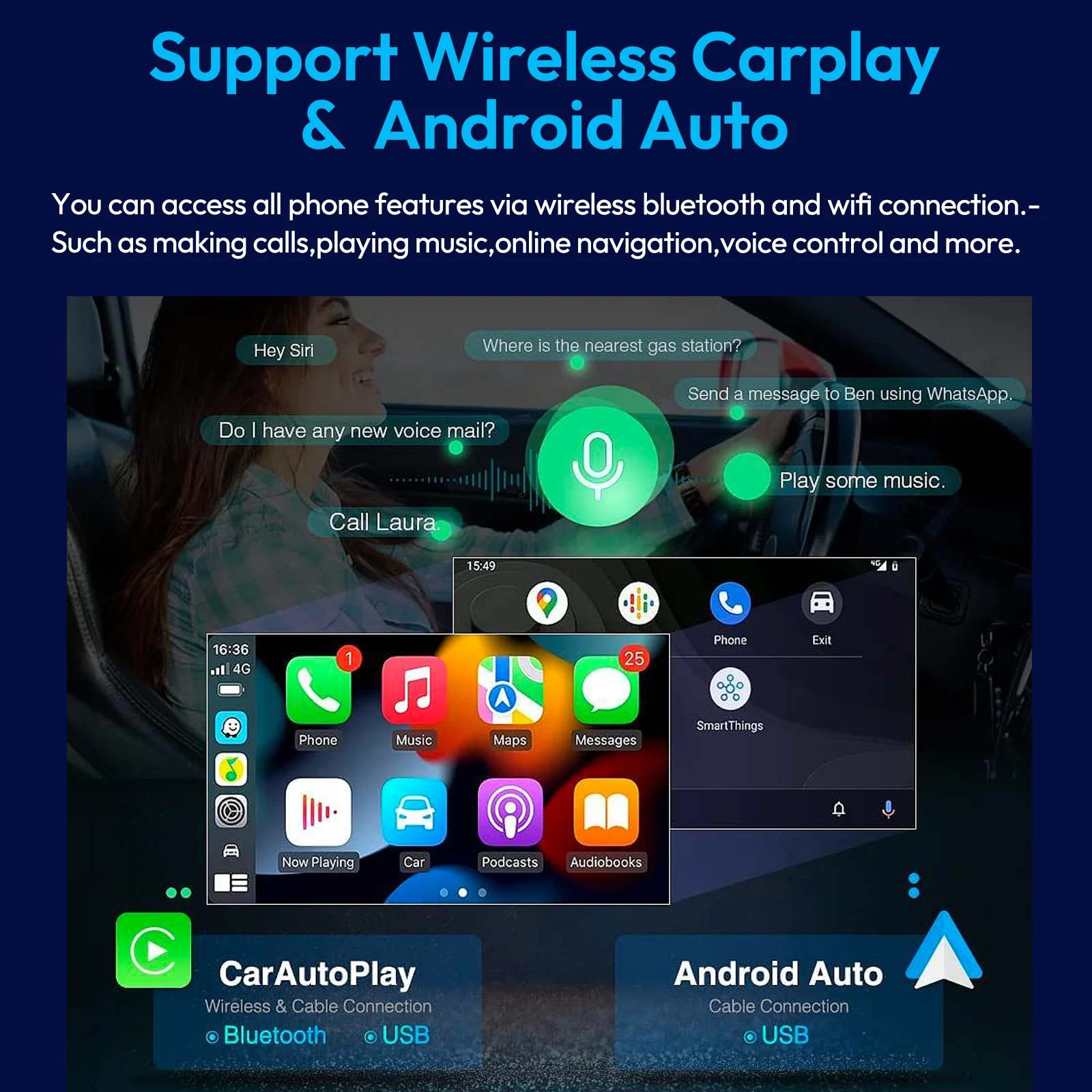 10" 4K Portable Dash Cam Portable Car Radio Apple CarPlay Android Auto +1080P Camera GPS