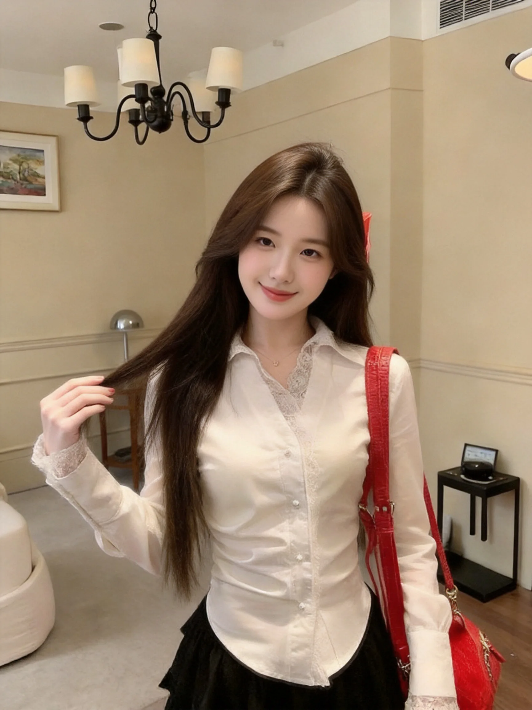 Slimming Long Sleeve Lace Trim Splice Shirt Women's Autumn Fold Design Waist Inward Chic Base Layer Top Citywalk V-neck