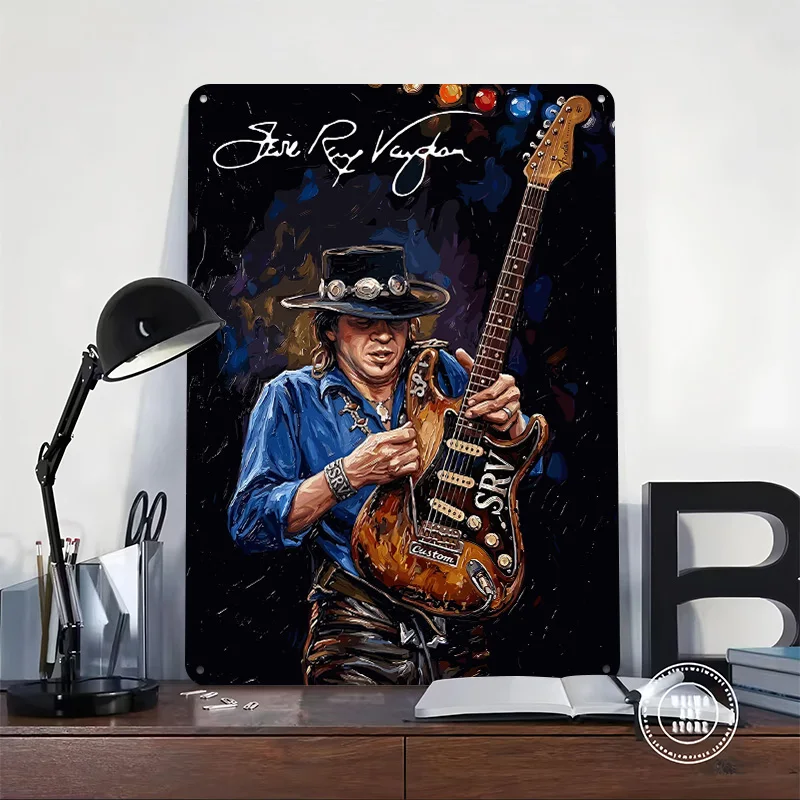 Stevie Ray Vaughan With Guitar Personalized 3D Textured Metal Poster Wall Art Tinplate Sign for Home Decor Accessories Wand Deko
