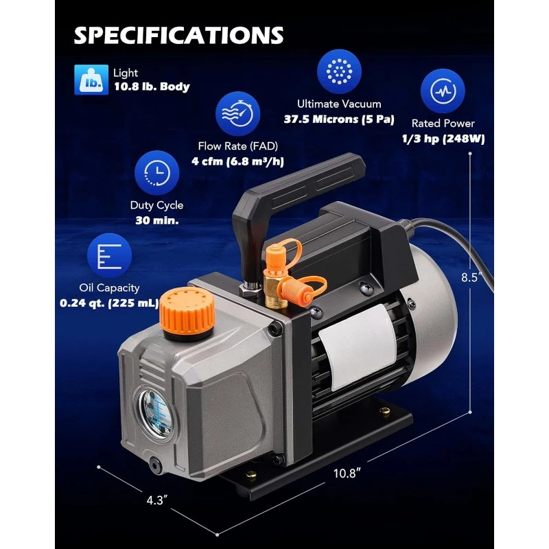 Vacuum Pump and Gauge Set, 1/3 hp 4 cfm Vacuum Pump Manifold Gauge Kit with Leak Detector 4 Hoses & Accessories