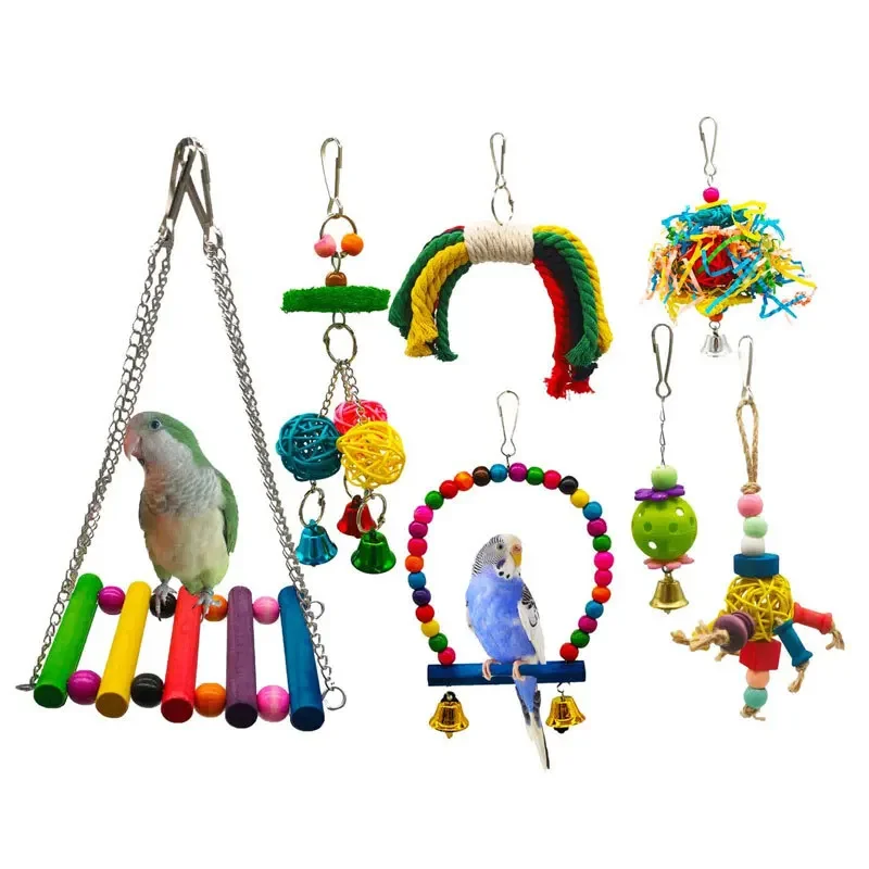 

7pcs bird toy Bird Cage Toys for Parrots Wood Birds Swing Reliable Chewable Bite Bridge Wooden Beads Shape Parrot Toy Bird Toys