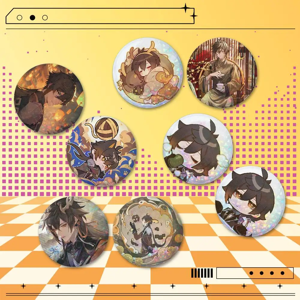 Genshin Impact Zhongli 25/32/44/58/75mm Holographic Badges 2 Pcs Set Custom Round Button Pins Bag Clothes Accessories