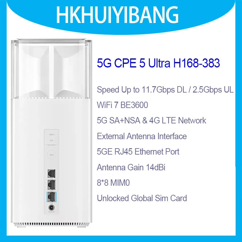 Unlocked Brovi 5G CPE Ultra 6 H168-383 WiFi 7 BE3600 14dBi Release 18 5G-A 5.0GE Port 5G 4G LTE Sim Card Indoor WiFi Router