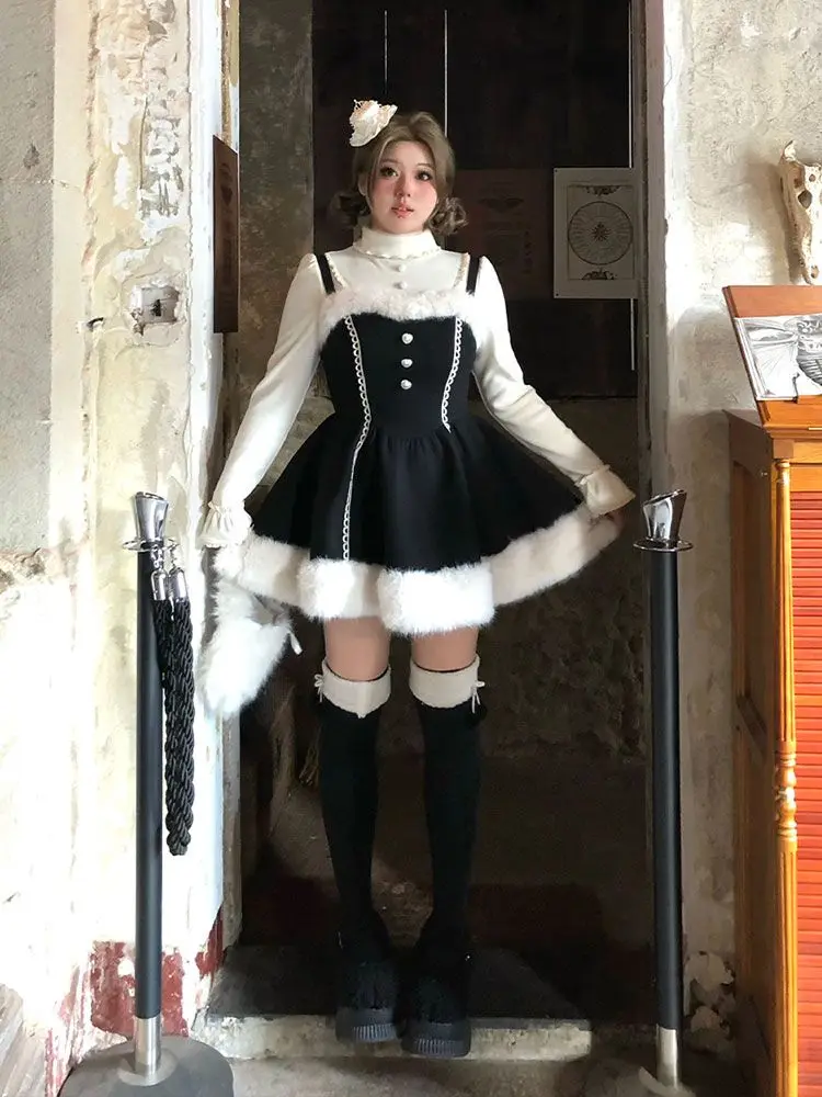 Kawaii Lolita Coat Three-piece Women Casual Elegant Coat + Tops + Mini Dress Pure Color Japanese Outwear Christmas Winter Warm