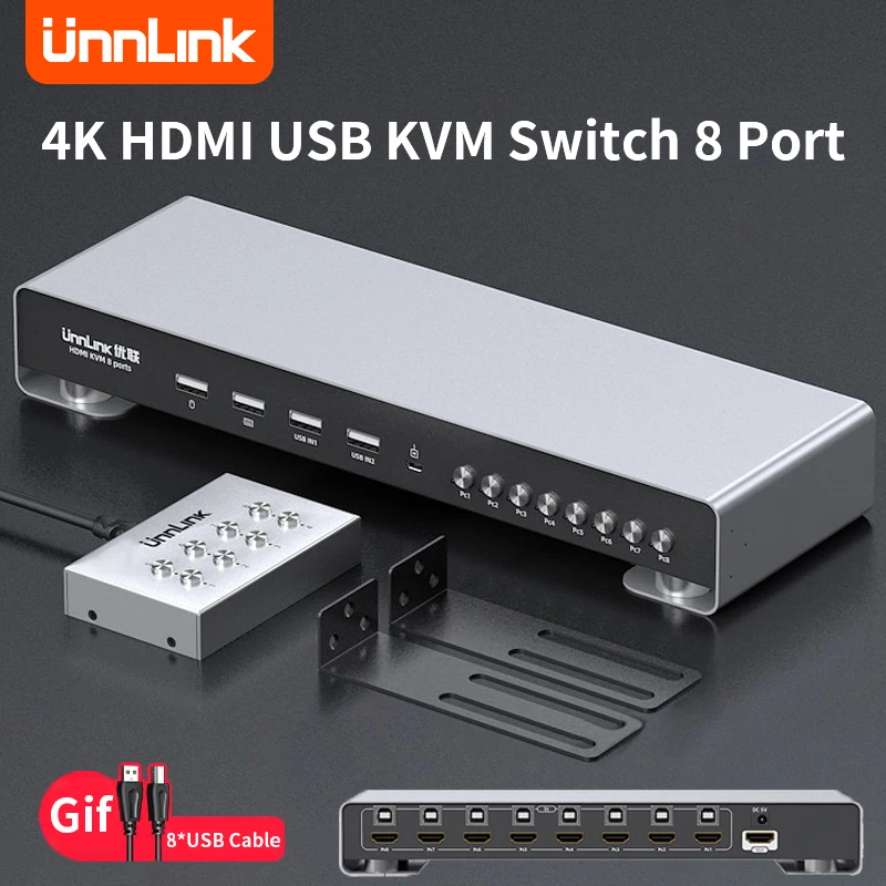 

Unnlink HDMI USB KVM Switch 8 Port 8 Computer Devices Share 1 Monitor 4 USB With Controller for Mouse Keyboard Printer U disk