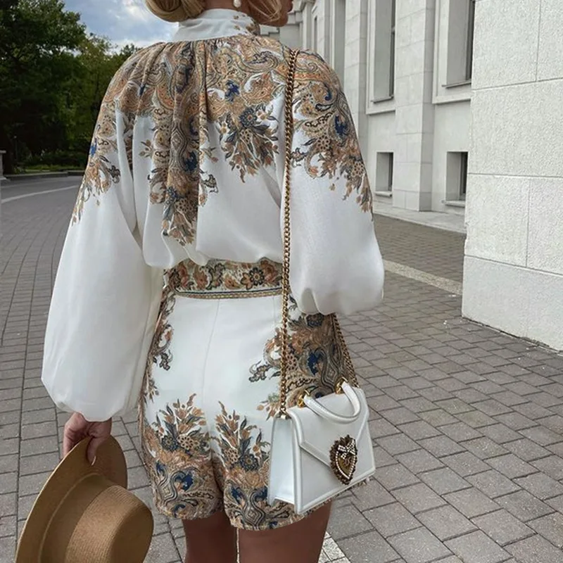 Vintage Long Sleeve Shirt And Shorts With Pocket 2 Pieces Sets Elegant Office Lady Autumn Print Blouse Shorts Two Pieces Suits