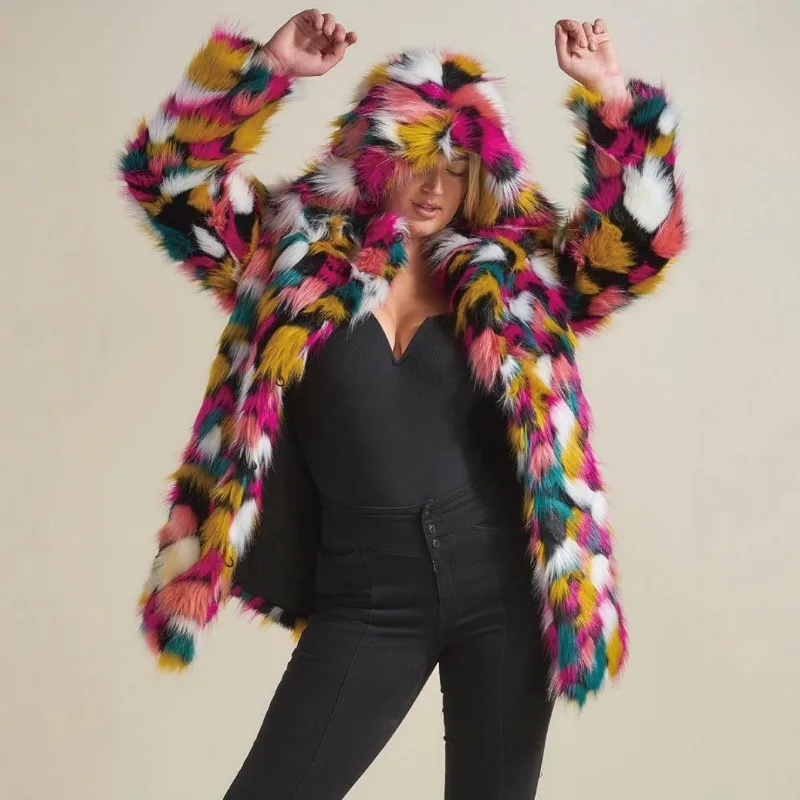 Female Autumn Winter Tops Coat Faux Fur Contrast Color Hooded Retro Simple Loose Comfortable Leisure Design Fashion Senior Soft