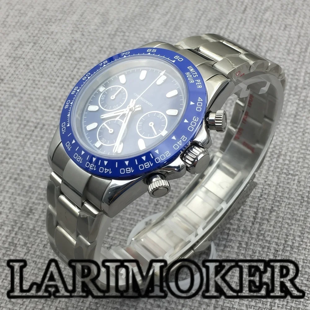 LARIMOKER Men's Multifunction Watch 39MM Panda Three-Eye Blue Dial Sapphire Glass Luminous VK63 Chronograph Quartz Watch