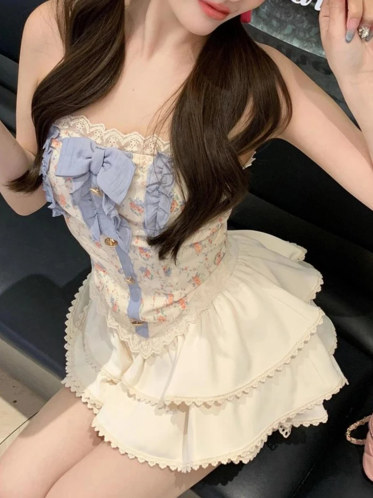 

Sweet Bow Sleeveless New Two Piece Set Women Fairy Lace Tops + A-line Pleate Skirts Female Kawaii Korean Fashion Party Suit 2024