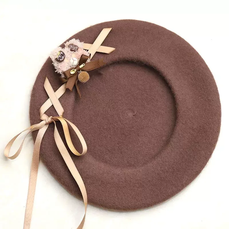 Boina de oso retro versátil y bonita, sombrero de pintor estilo japonés para mujer, gorro cálido para el invierno