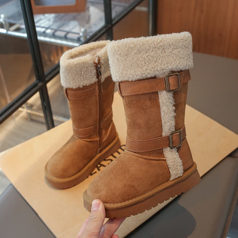 Kids Girls High Calf Winter Snow Boots Faux Suede Double Metal Buckle Fluffy Plush Warm Shoes Side Zipper Girls Ankle Boots