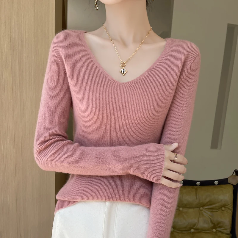 New Autumn And Winter V-Neck Pullover Sweater, Skin-Friendly, Highly Elastic Solid-Color Knitted Long-Sleeved Women's Top-GH459