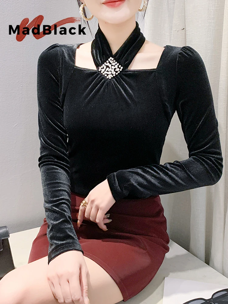 MadBlack-Women European Velvet T-Shirt, Sexy Halter Beading, Vintage Long Sleeve Slim M-3XL Knit Tee, 2026 Autumn New T68912CC