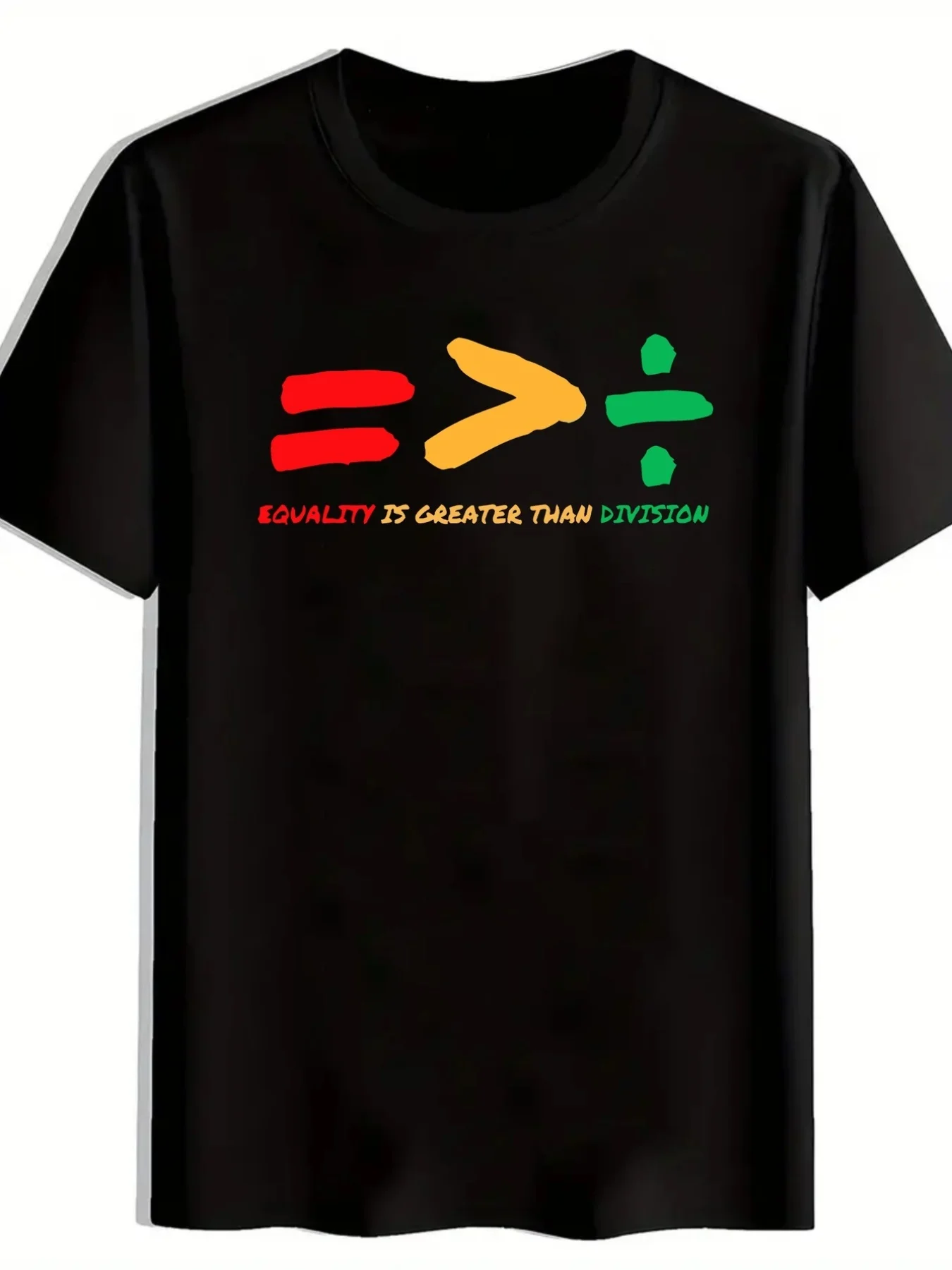 Black Casual T-Shirt with Unique Design, Red Double Equal Sign, Yellow Greater Than Sign, Green Divide Sign, Equal Greater Than Split Sign, Short Sleeves, Round Neck, Perfect for Everyday Wear