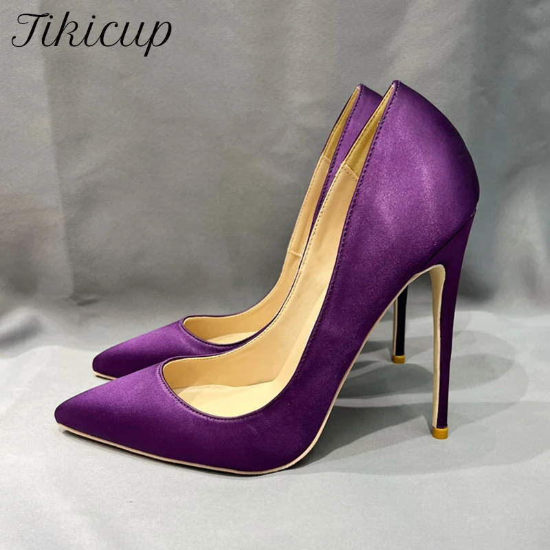 Tikicup Solid Purple Satin Silk Women Pointy Toe High Heel Wedding Bridal Shoes Elegant Ladies Slip On Stiletto Pumps Customize