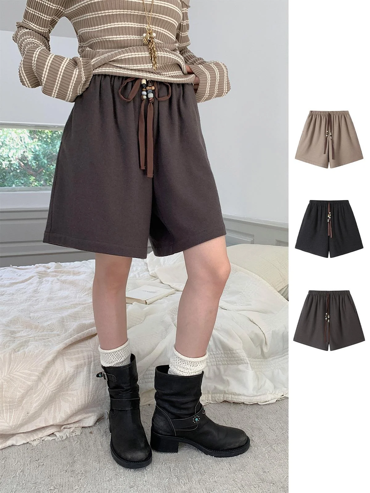 

REREK Brand Autumn Winter Loose Casual Woolen Trousers Dstring Waist Beaded High Waist Ladies Faion High Street Sle