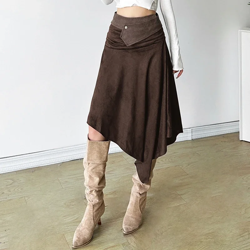 Women Western Suede Patchwork High Waist Irregular Midi Skirt Vintage Maillard A Line Skirt S-XL