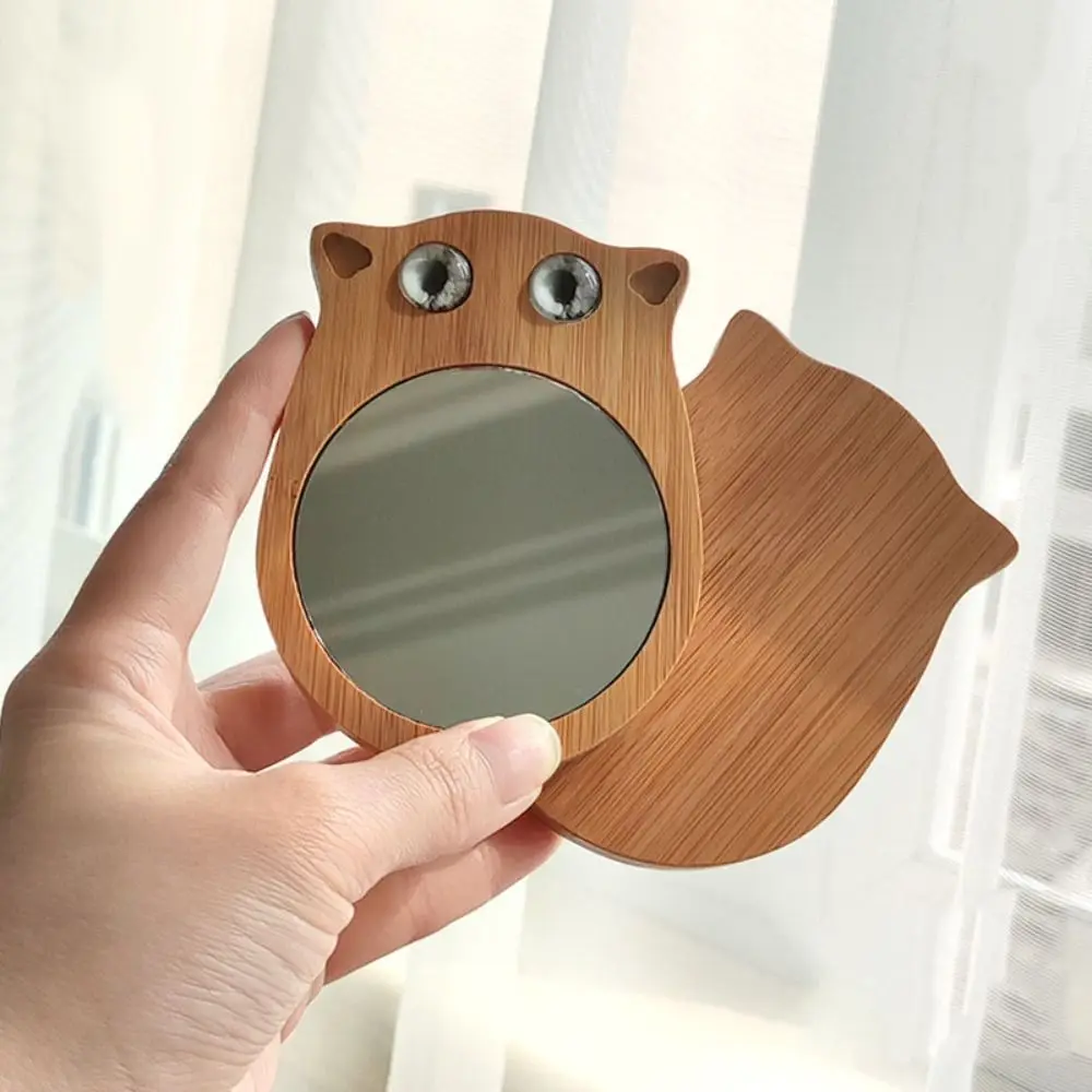 Mini Natural Bamboo Makeup Mirror Cute Cat High Definition Beauty Mirror Creative Hanging Cosmetic Touch-up Mirror Dormitory Use