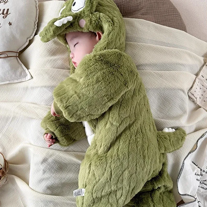 IYEAL معطف الشتاء الرضع الدافئة الصوف لطيف ديناصور مقنعين سستة بذلة أبلى القدمين رومبير الوليد الطفل سنوسويت