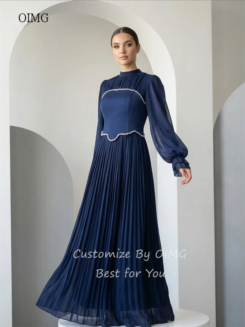 OIMG Modesto collo alto A Line abiti da ballo Eid maniche a lanterna abito da festa pieghettato abito da sera lungo fino al pavimento saudita personalizzato