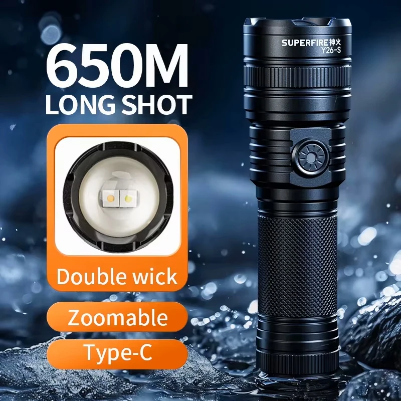 

SUPERFIRE Y26 15W Power Led Torch Powerful Zoom Flashlight 600M Range Portable Lantern Long Lasting Rechargeable Camping Lamp