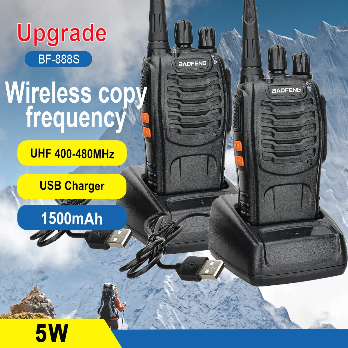 5W Baofeng BF-888S Walkie Talkie Dual Band Portable Two Way Radio Long Range Standby UHF:400-470MHz 16CH USB Charging  1Pc/2Pcs