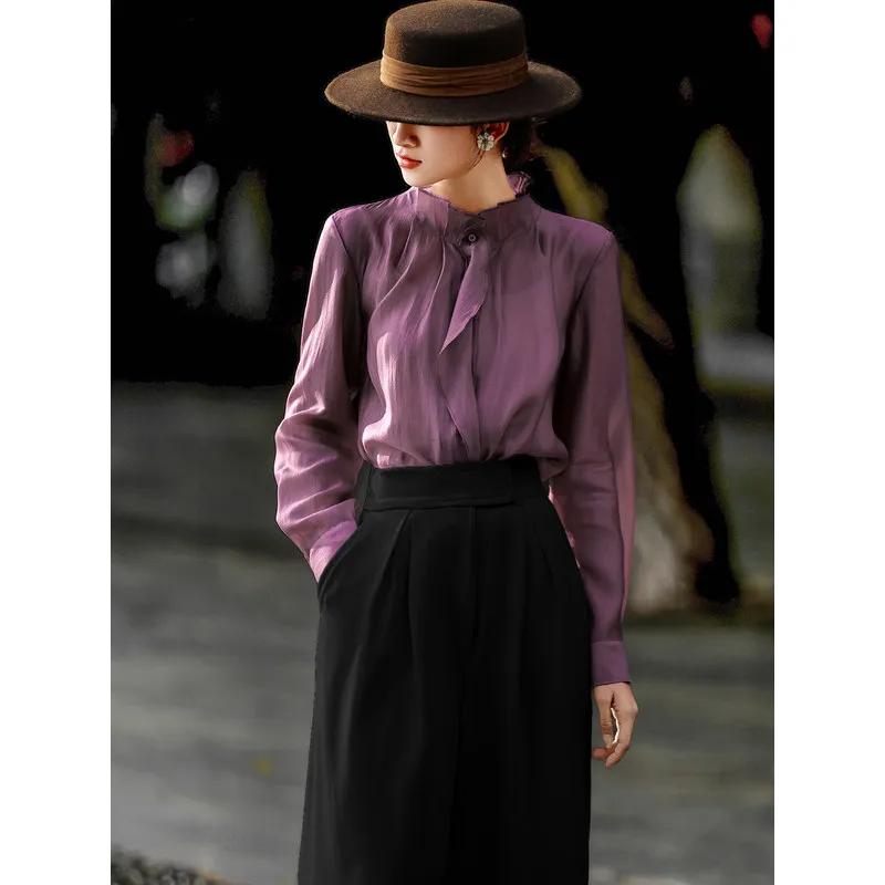 MEXCOCO Women Spring Autumn New Elegant High‑End Blouse Ruffle Stand Collar Single‑breasted Sheer Shirt Tops