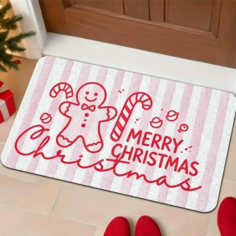 Pink Stripe Merry Christmas Rug Red Cursive Text Bow Heart Print Non Slip Washable Floor Mat For Festive Season Entryway Decor