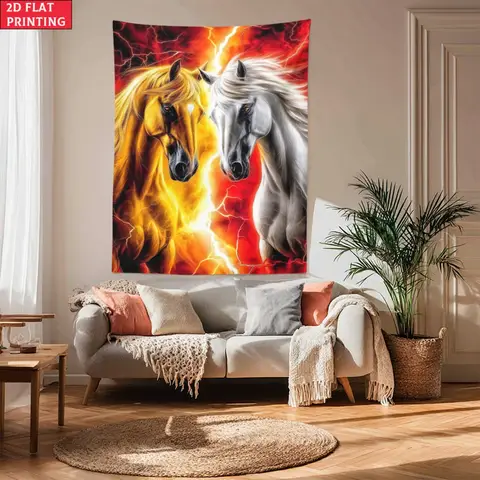 Fire and ice horses lightning storm tapestry horse art wall hanging living room decor animal theme decoration