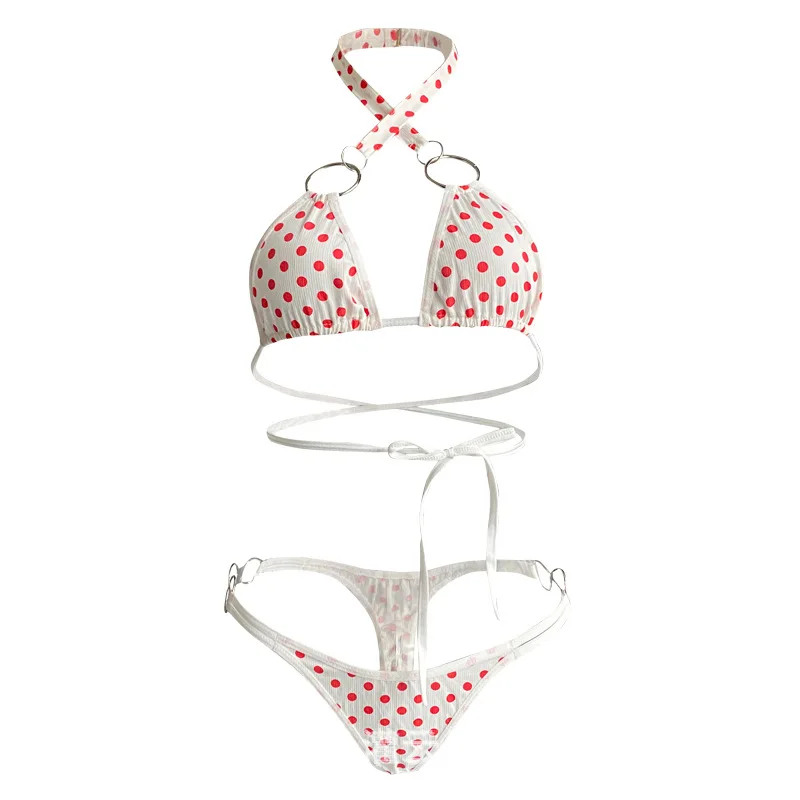 المرأة ثلاث نقاط المثيرة الملابس الداخلية مثير بيكيني مع الرسن عبر الأشرطة حلقة معدنية لهجات Temptatio خادمة مجموعة ملابس السباحة البيكينيات