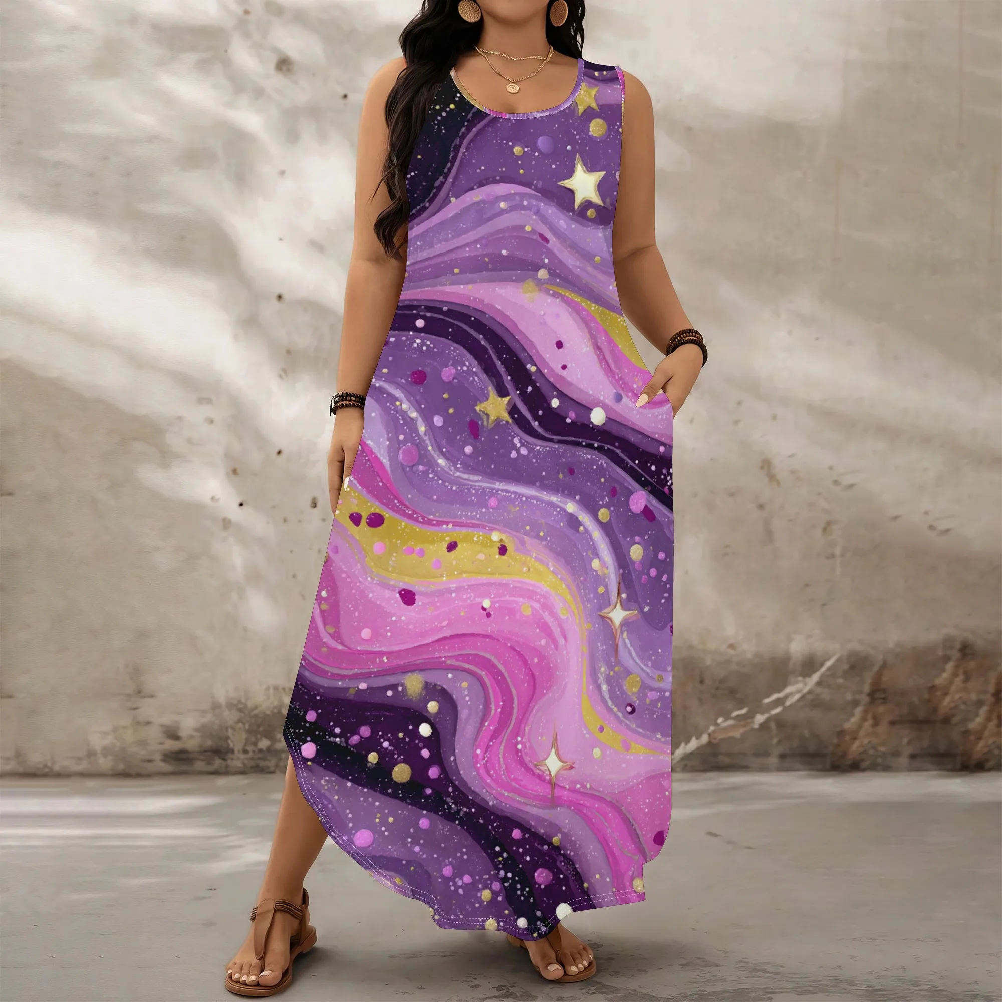 

Purple Starry Night Print Plus Size Dress XL-6XL Sleeveless Loose Maxi Dress with Pocket for Holiday or Music Festival 2025
