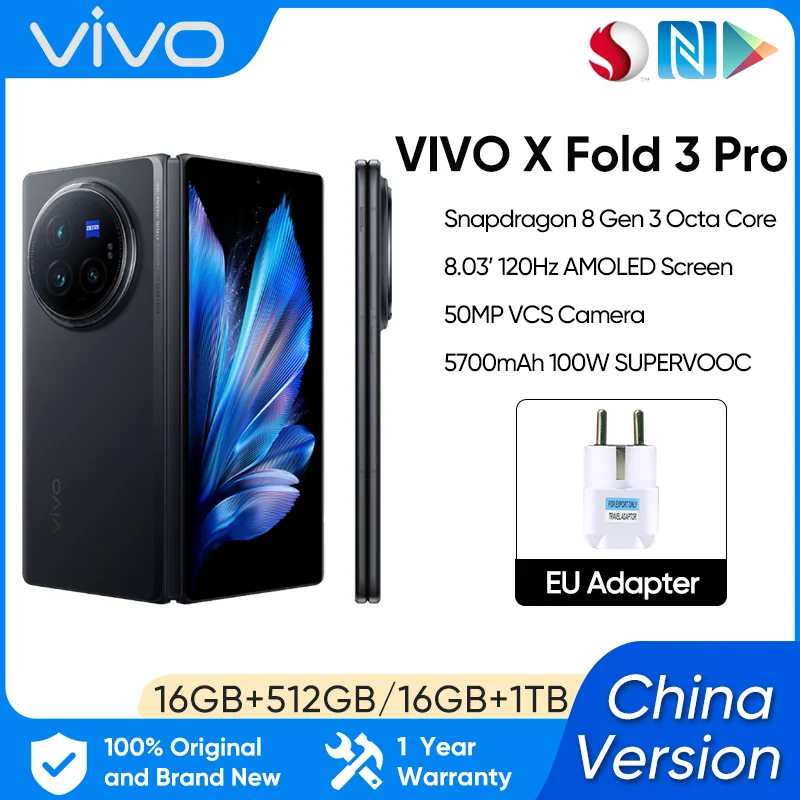 Vivo X Fold 3 Pro 접이식 5G 스마트폰, 스냅드래곤 8 Gen 3 옥타코어, 5700mAh 100W 유선 50W 무선 NFC 50MP 후면 카메라