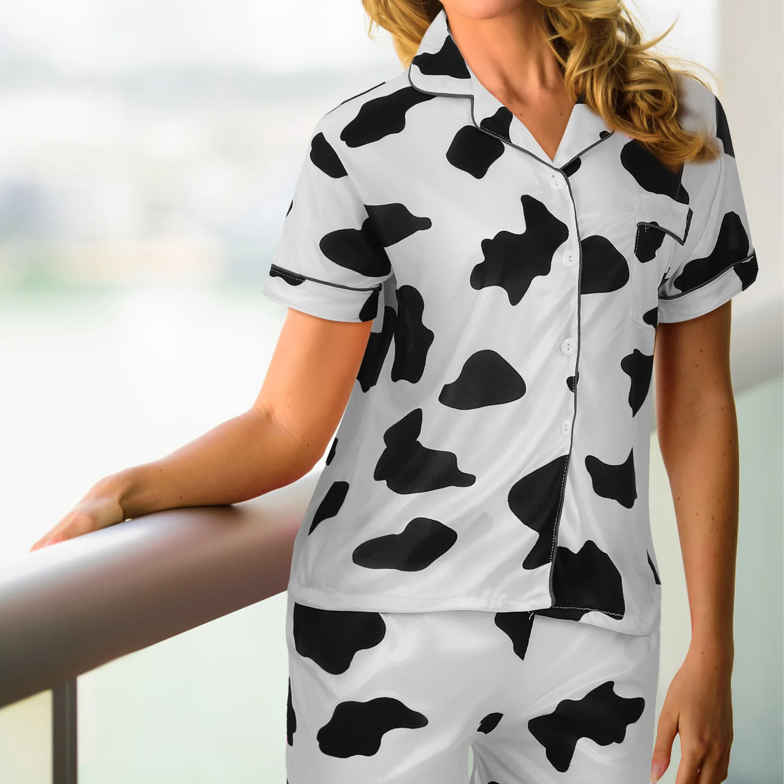 Летние женские пижамы из чистого хлопка с коровьим узором, удобная одежда для сна, повседневный комплект домашней одежды, шорты с короткими рукавами