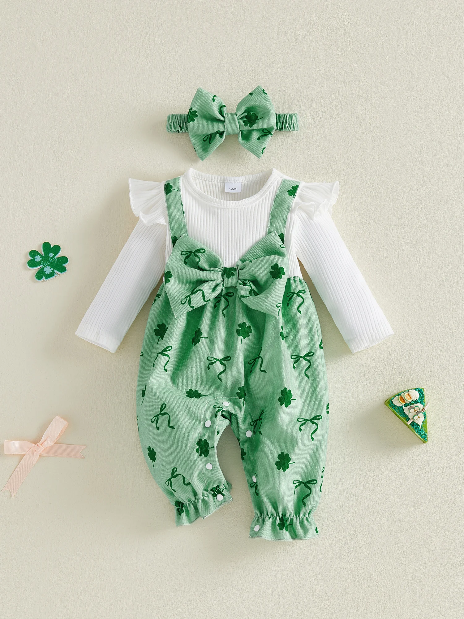 

Irish Princess Shamrock Print Ruffle Sleeve Romper with Matching Headband Set for Baby Girls St Patrick s Day Outfit