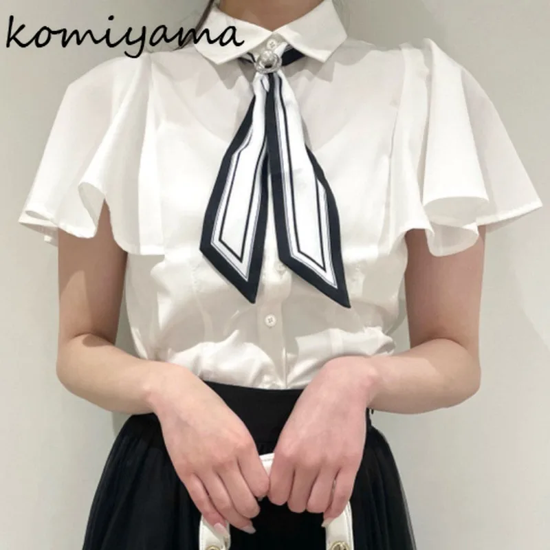 Ruffled Short Sleeve Shirts & Blouses Lapel Neck Lace-up Bow Blusas Japanese Camisas Sweet Ropa Mujer 2025 Summer New Tops