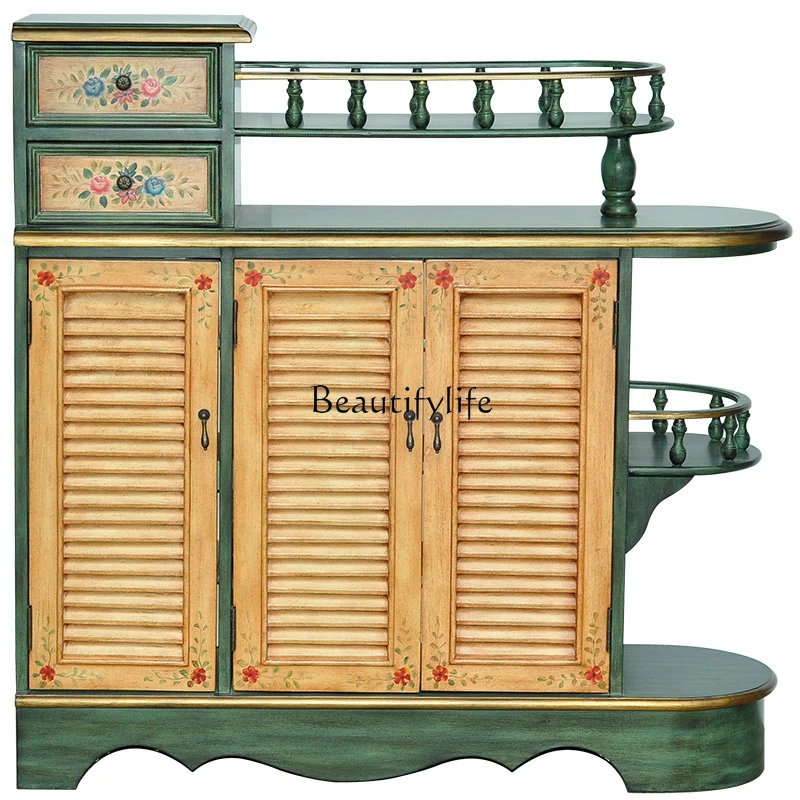 

American Style Furniture Mediterranean Double-Sided Entryway Cabinet Vintage Partition Hand-Painted Storage Shoe Cabinet