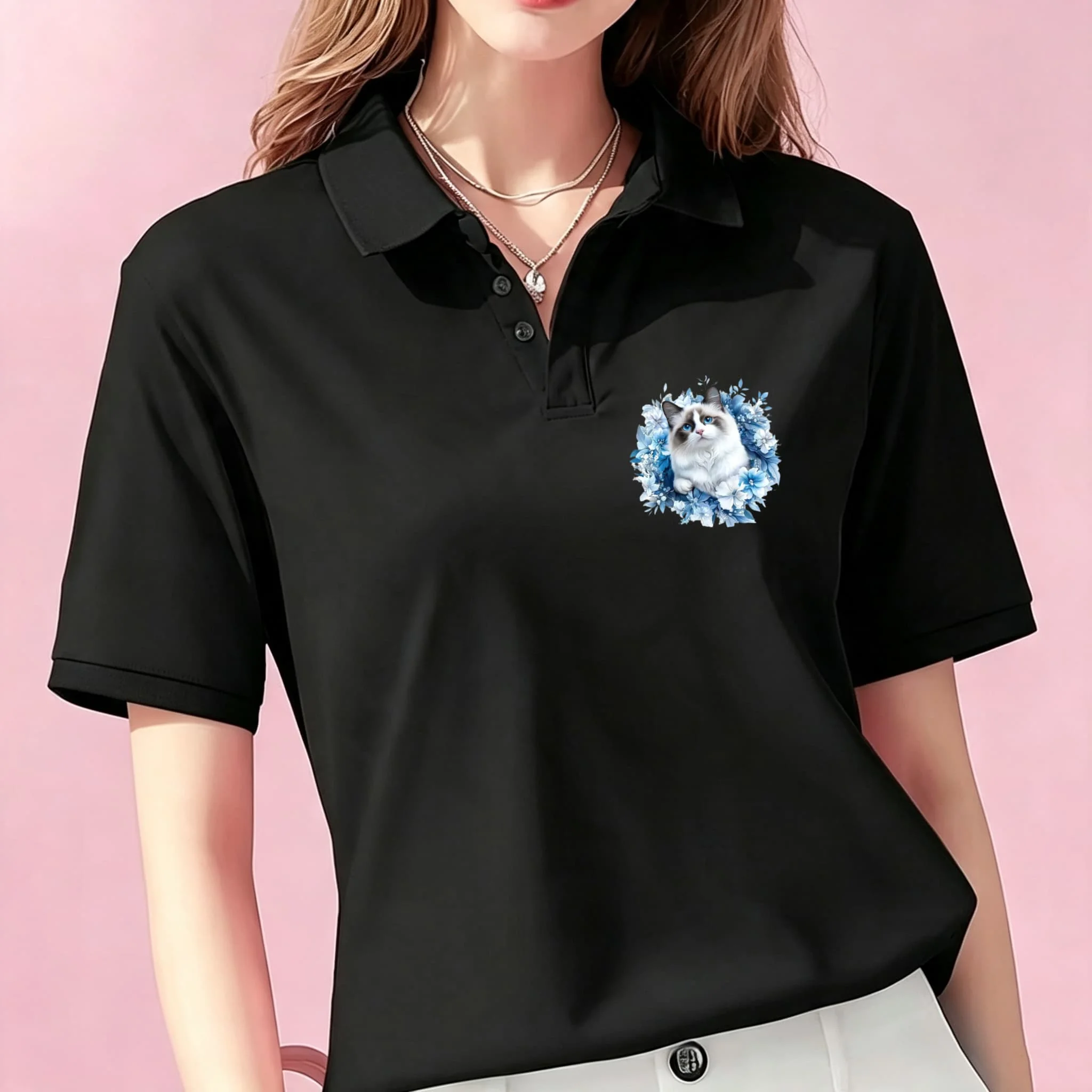 Unisex Black Lapel Collar Polo Shirt Cute Floral Wreath Cat Chest Graphic Short Sleeve Soft Breathable Casual Daily Top for Men and Women