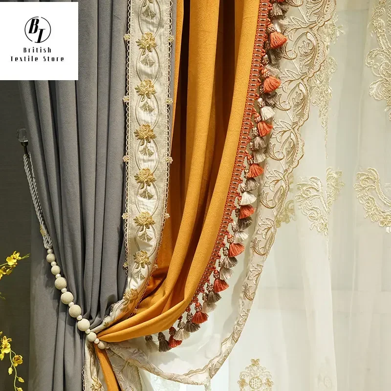 

European Curtains for Living Dining Room Bedroom Light Luxury American Thick Flannel Dark Gray Stitching Orange Embroidery