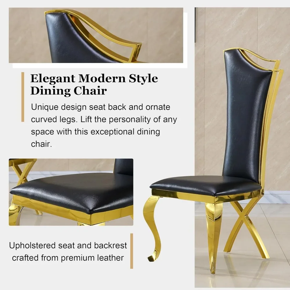 dining chair，Dining Chairs Set of 2,Modern Black Leather Upholstered Kitchen Chairs with High Backrest Gold Stainless Steel Legs