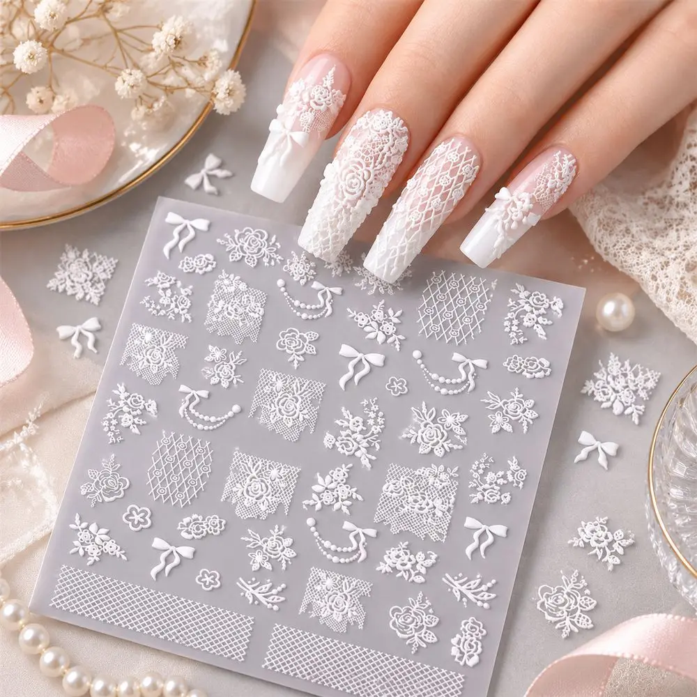 Sheer White Lace Nail Decals Mesh Rose 5D Embossed Self Adhesive Stickers Pure Desire Nail Art Decor for Women Wedding Party