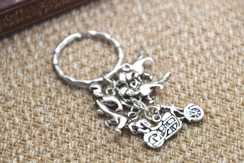 12pcs Raptor Squad Keychain Daryl Motorcycle Velociraptors Charm Key Ring Jewelry Silver Tone