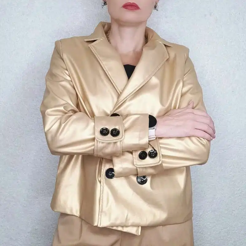 BabYoung Autumn Winter Gold Faux Jackets Women 2024 New Long Sleeves PU Leather Short Coats Outwear For Female