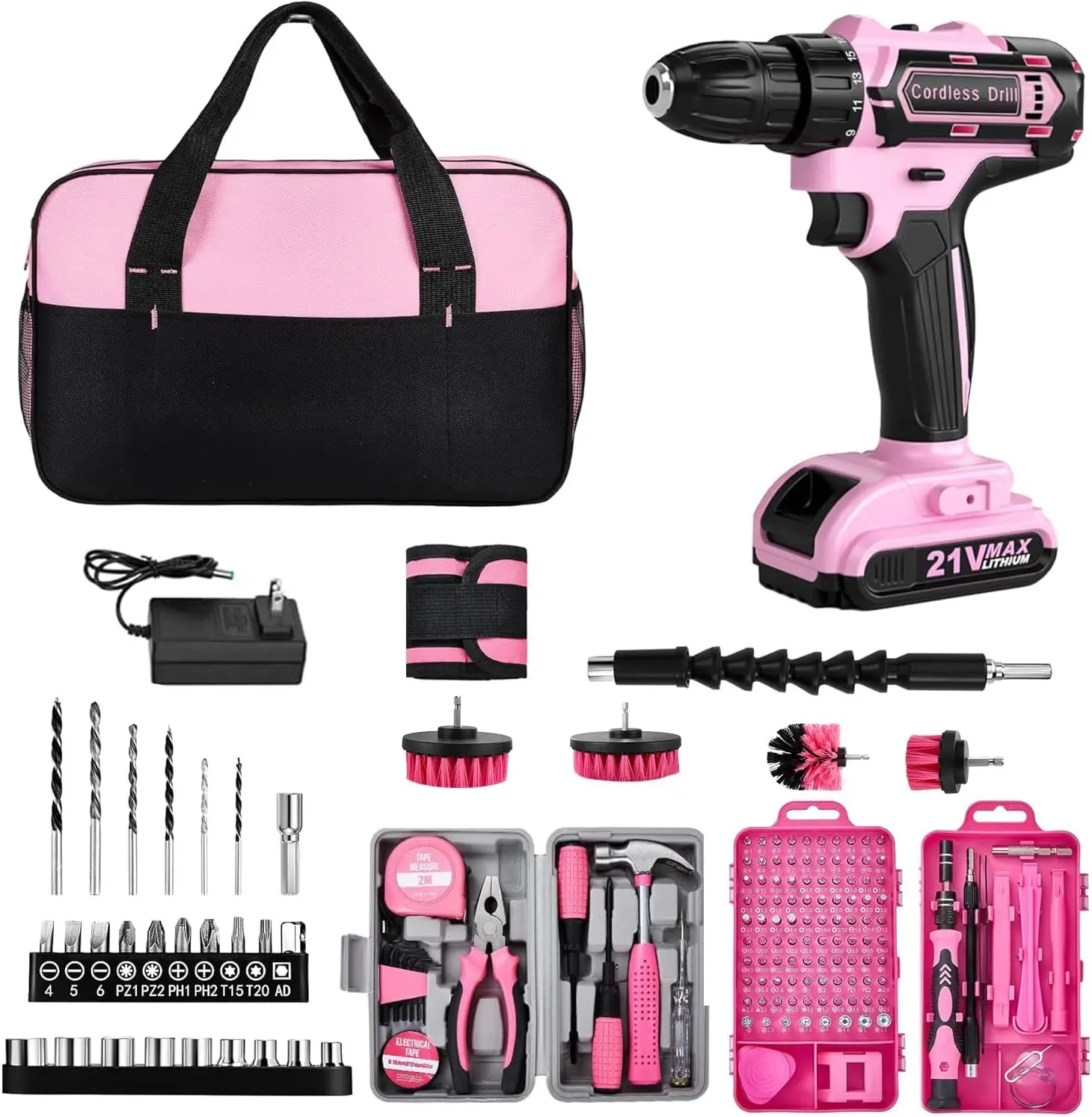 

154-Piece Pink Cordless Drill Set with Tool Kit, Storage Bag & Magnetic Wristband for DIY Home Repairs