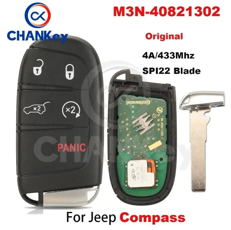 CHANKey Remote Car Key 433Mhz ASK 4A Chip For JEEP Compass M3N-40821302 68250343AB IC:7812A40821302 SPI22 Blade 4+1 Buttons