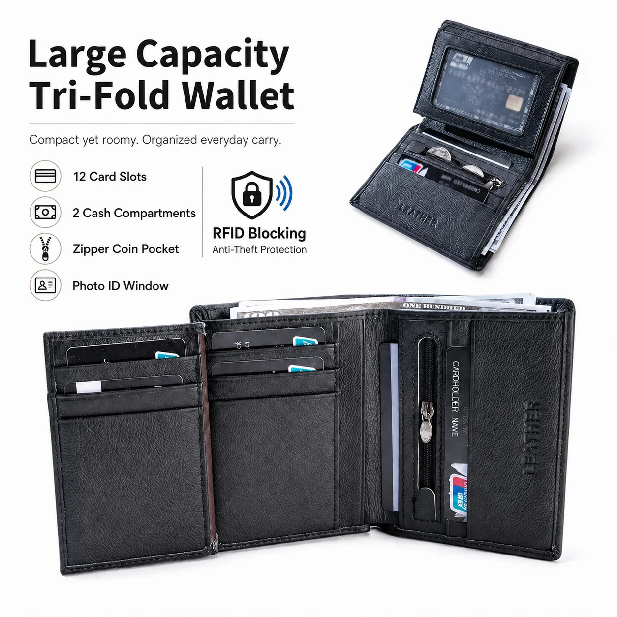 Men Genuine Leather Wallet Tri Fold Large Capacity RFID Blocking Wallet With Coin Pocket Business Card Holder Classic Purse